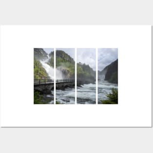 Wonderful landscapes in Norway. Vestland. Beautiful scenery of Latefossen waterfall under the Lotevatnet lake on the Hardanger scenic route. Mountains, trees in background. Cloudy day Posters and Art